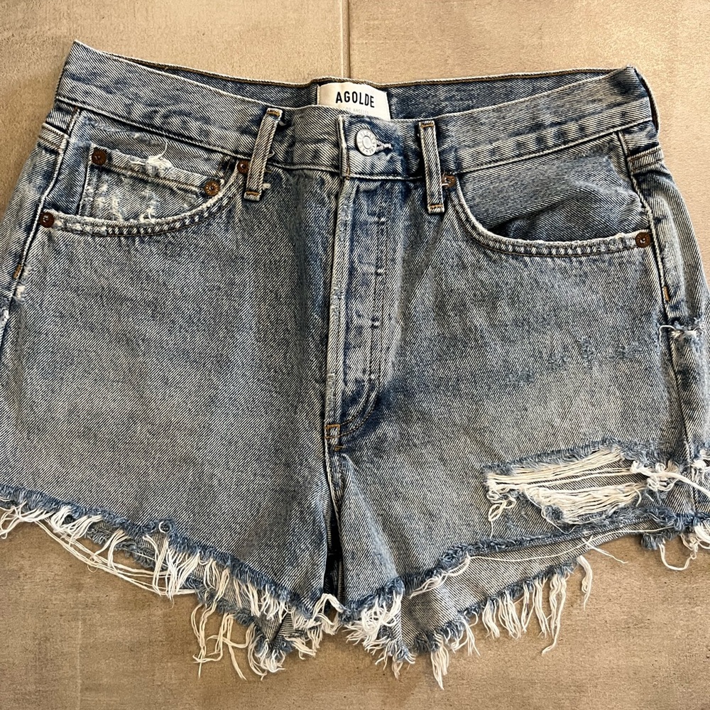 Agolde Frayed Hem Jean Shorts - Light Blue